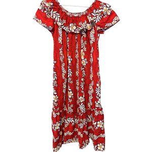 Womans Aloha Hawaiian Long 55” Dress Hibiscus Red & White Size XL READ EUC